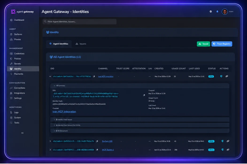 Agent identity management interface